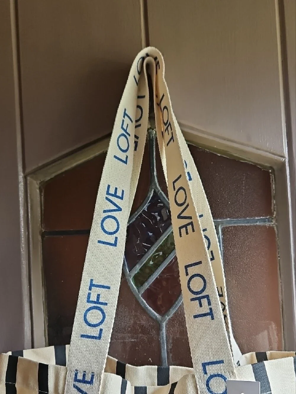 LOFT Blue and Cream Striped Canvas Tote with Logo Straps